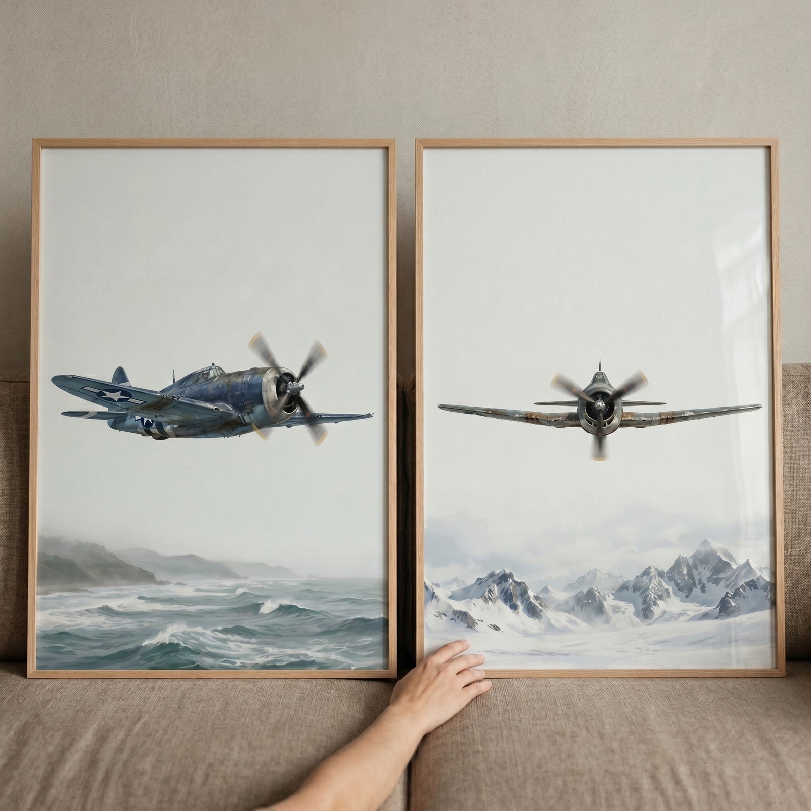Weathered blue military aircraft wall art set of 2 featuring planes flying over ocean waves and snowy mountains.