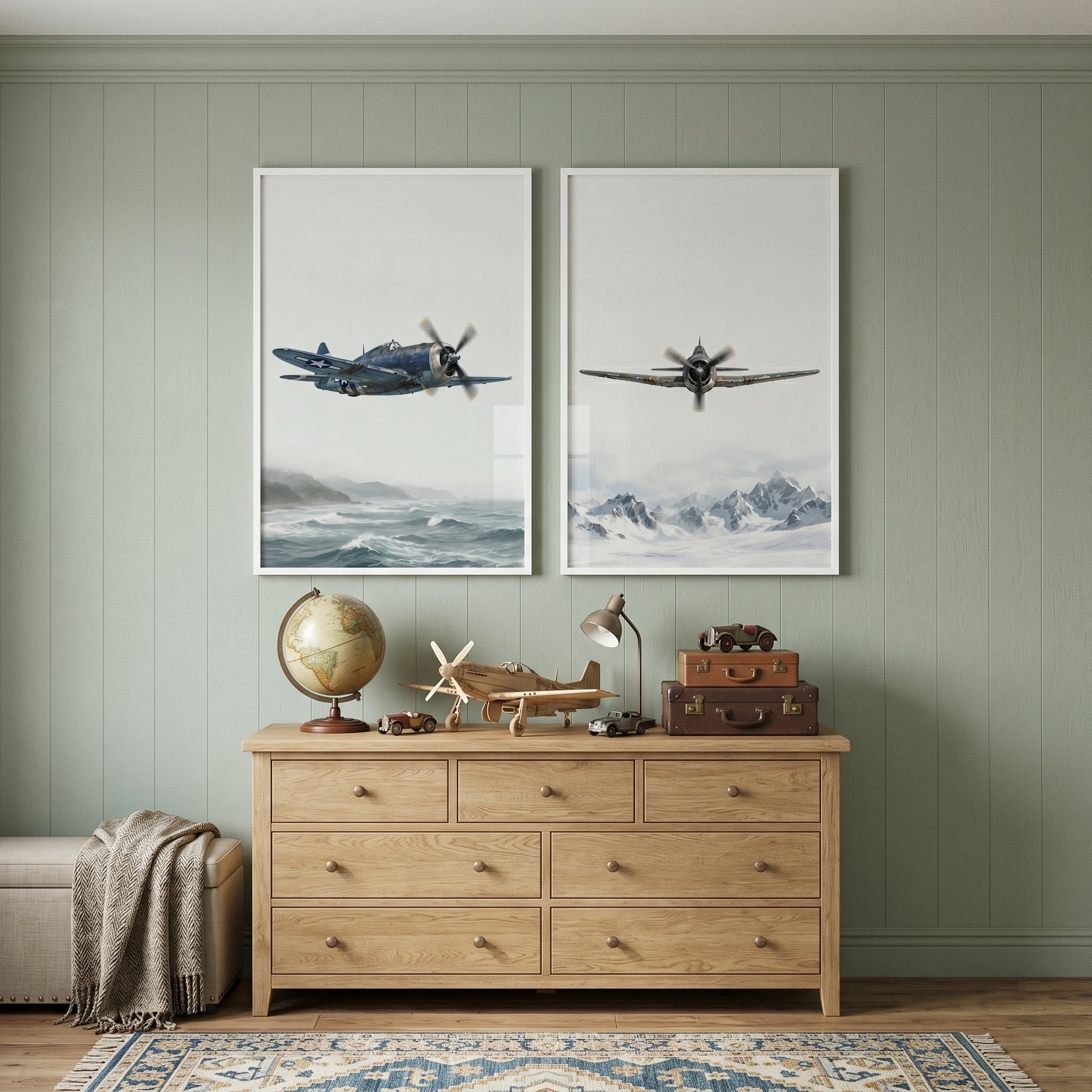 Weathered Blue Military Aircraft Wall Art Set of 2 - Wings Across Horizons