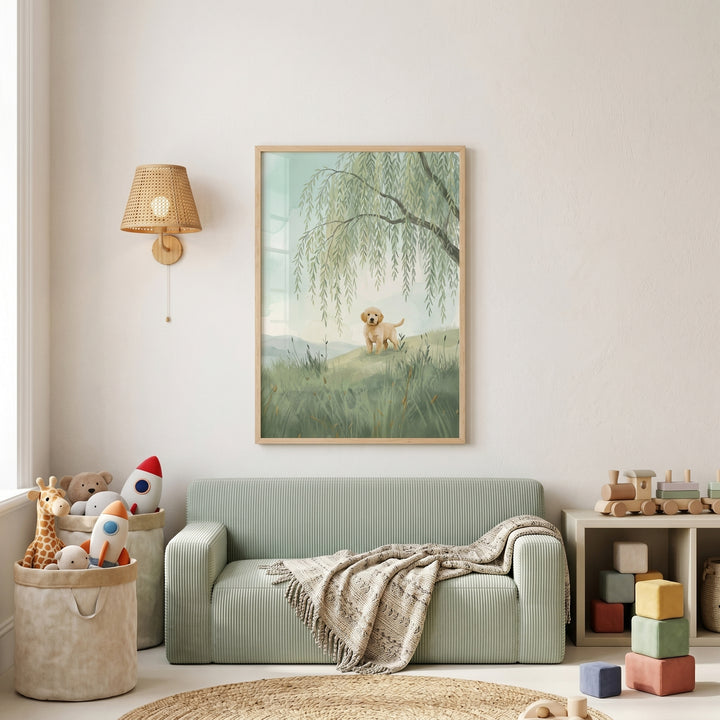 Weeping willow golden retriever wall art hangs above a small green sofa in a nursery with toys and a wicker wall lamp.