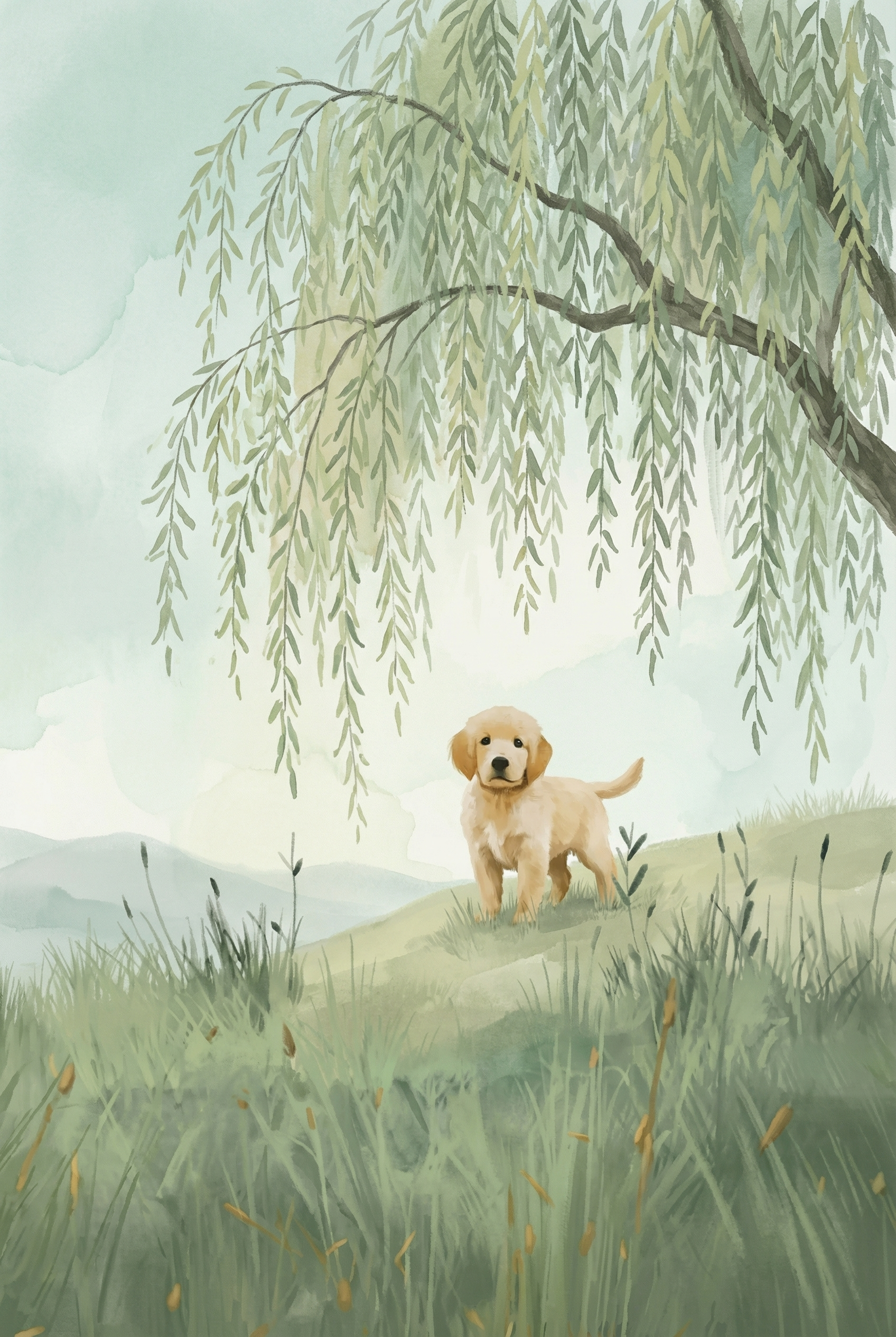 Weeping Willow Golden Retriever Wall Art - Golden Willow Pup