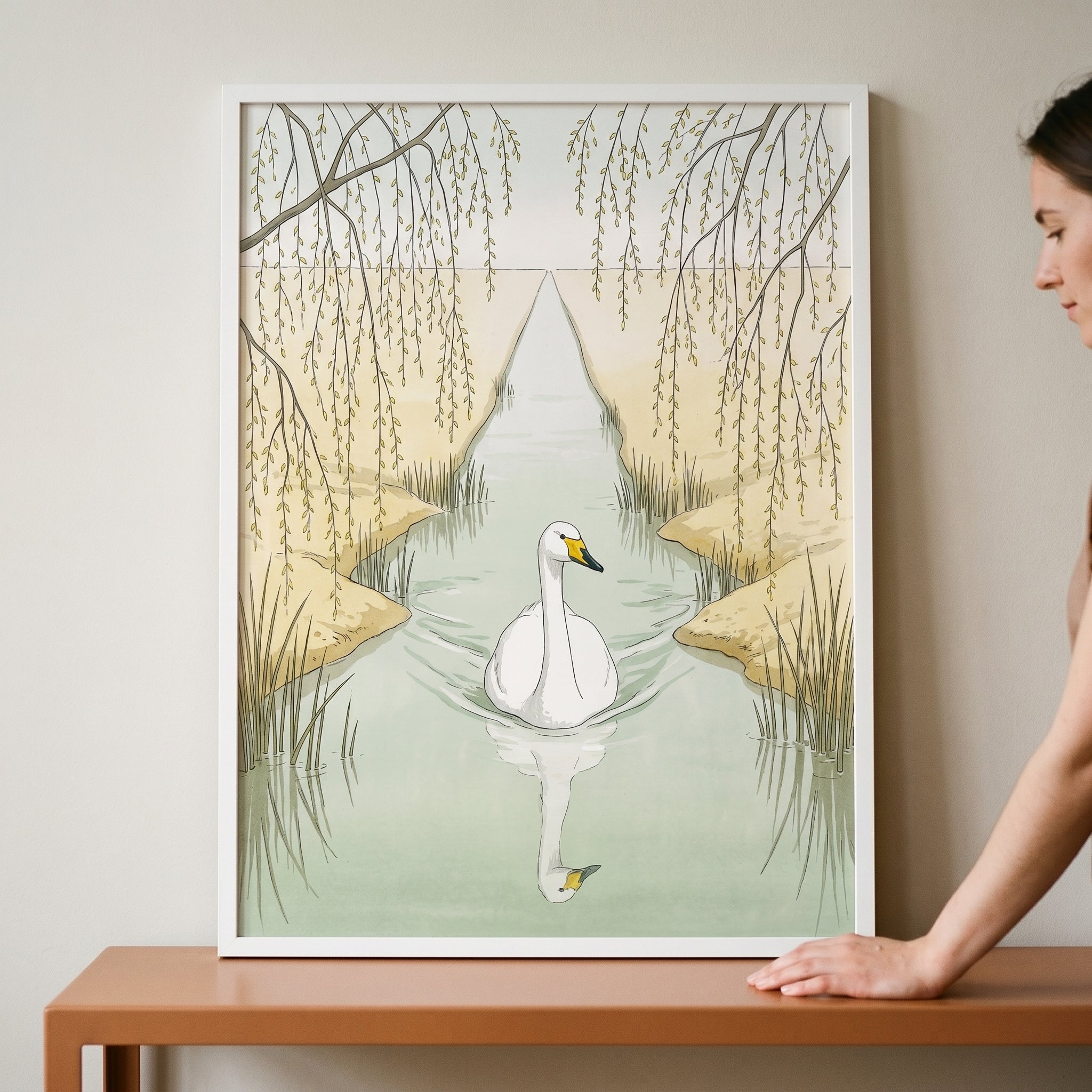 Weeping Willow White Swan Wall Art - Serene Swan Reflection
