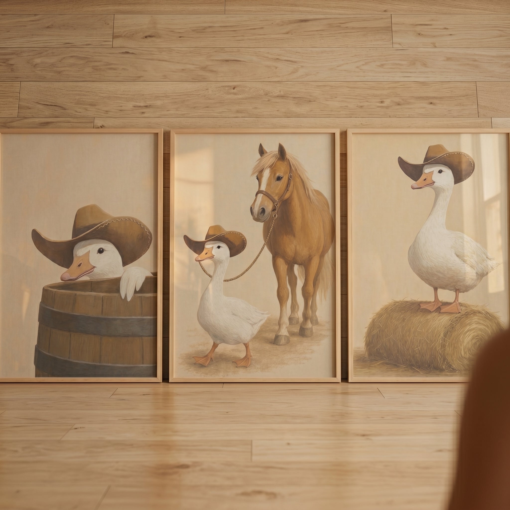 Western Beige White Goose Wall Art Set of 3 - Feathered Ranch Hand