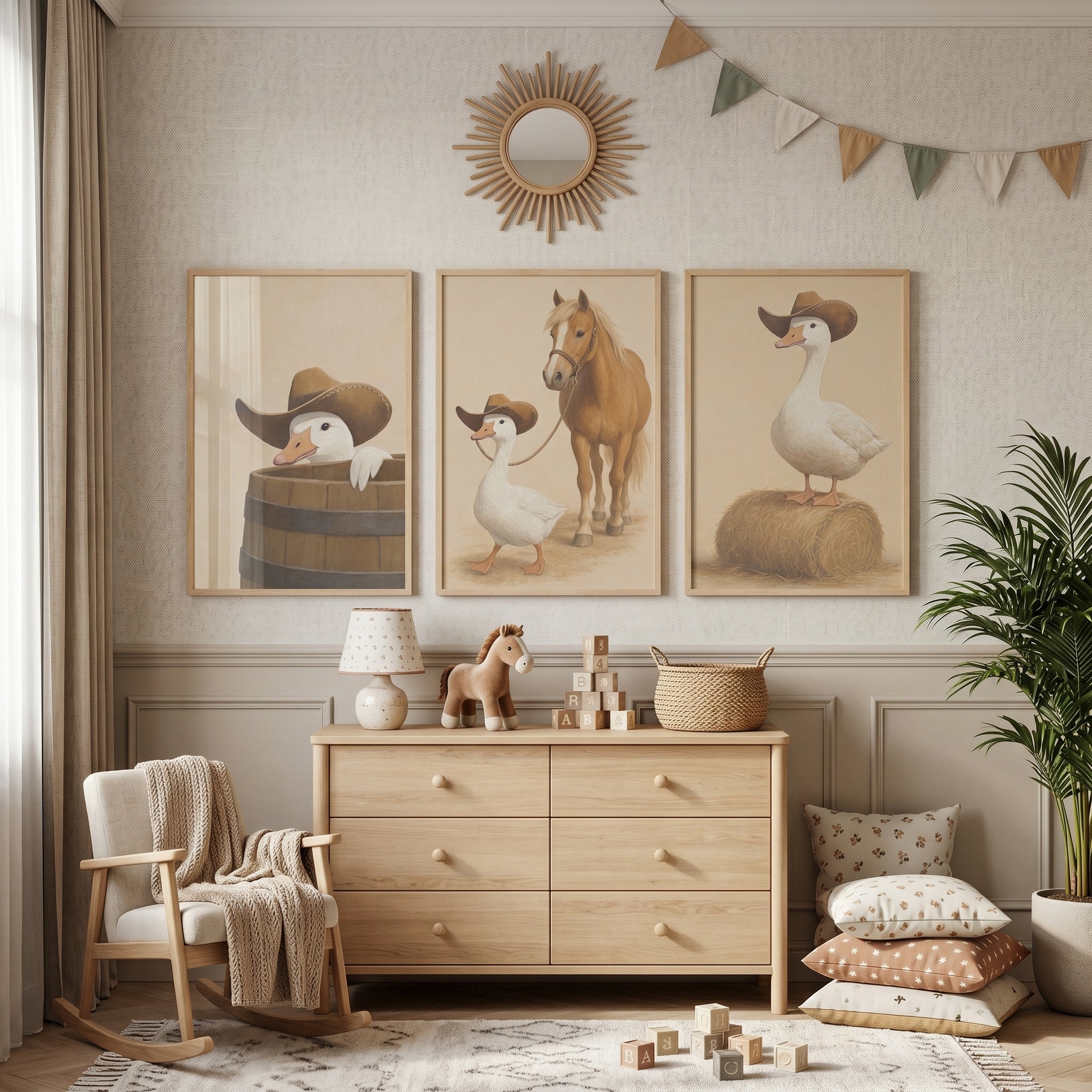 Western Beige White Goose Wall Art Set of 3 - Feathered Ranch Hand