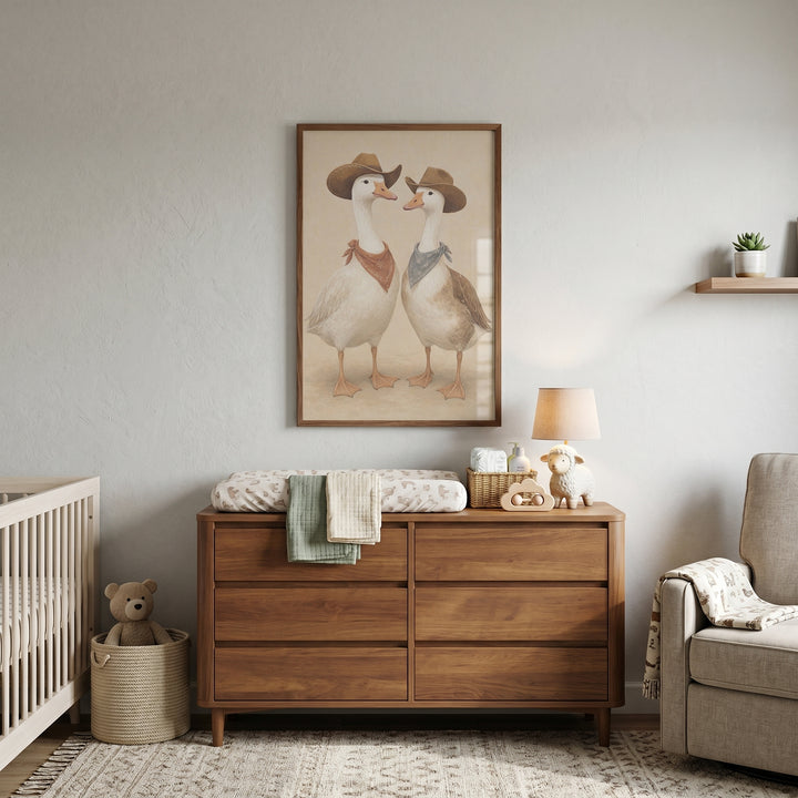 Western cowboy duo geese wall art hangs in a neutral nursery above a wooden dresser next to a crib and armchair.
