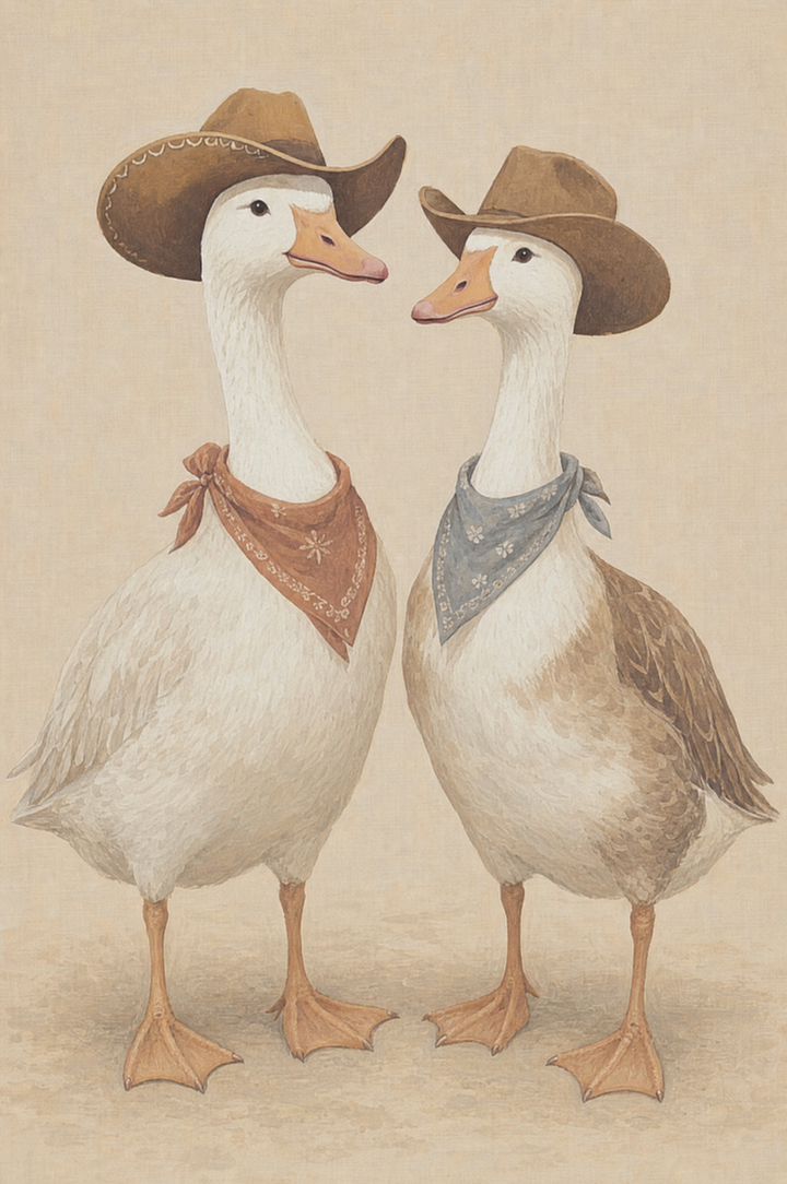 Western cowboy duo geese wall art featuring two geese wearing brown hats and bandanas on a cream background.