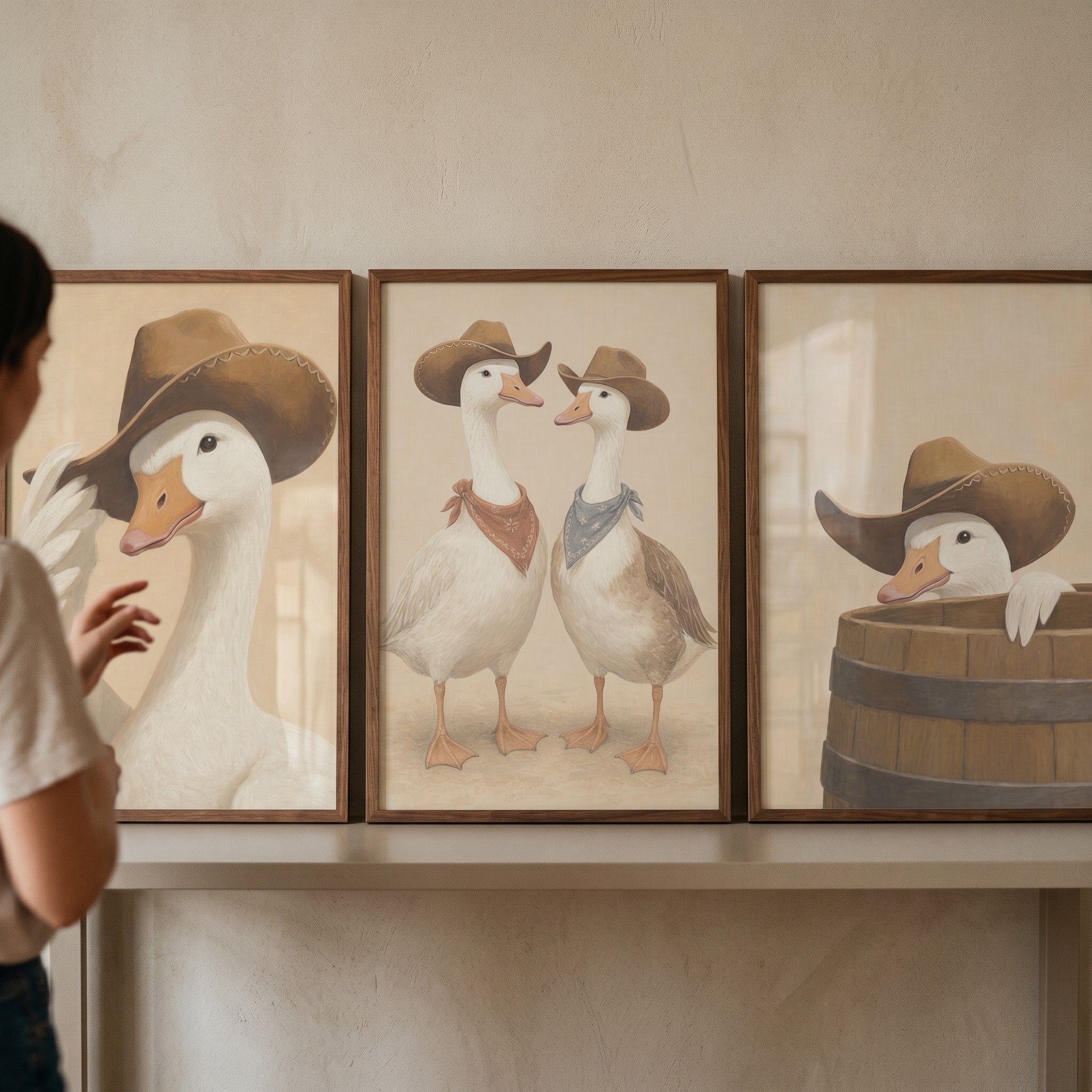 Western Style White Goose Wall Art Set of 3 - Feathered Cowboy Trio