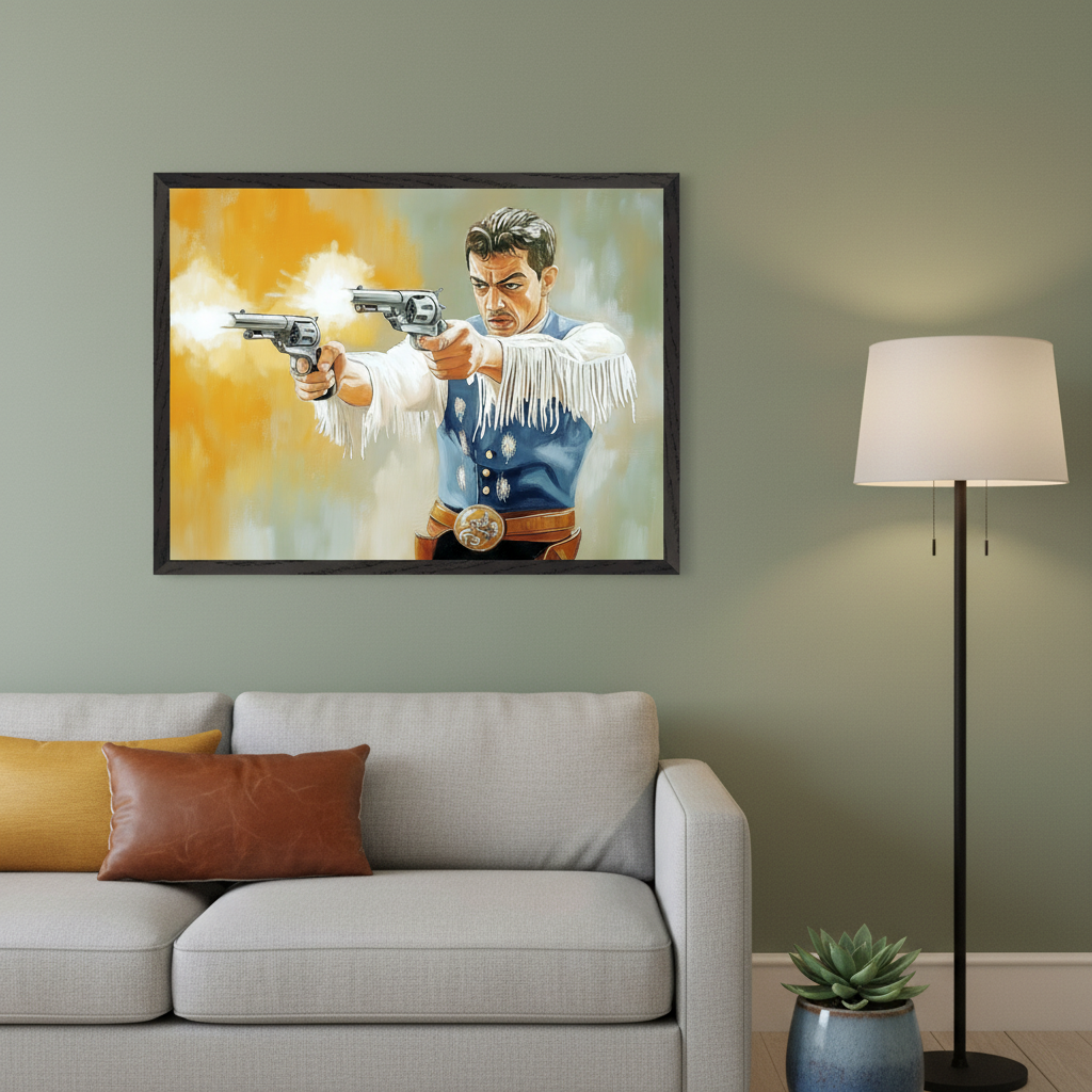 Living room with a light gray sofa and a floor lamp. A large framed painting of a man in Western attire holding two firing revolvers hangs above the sofa.