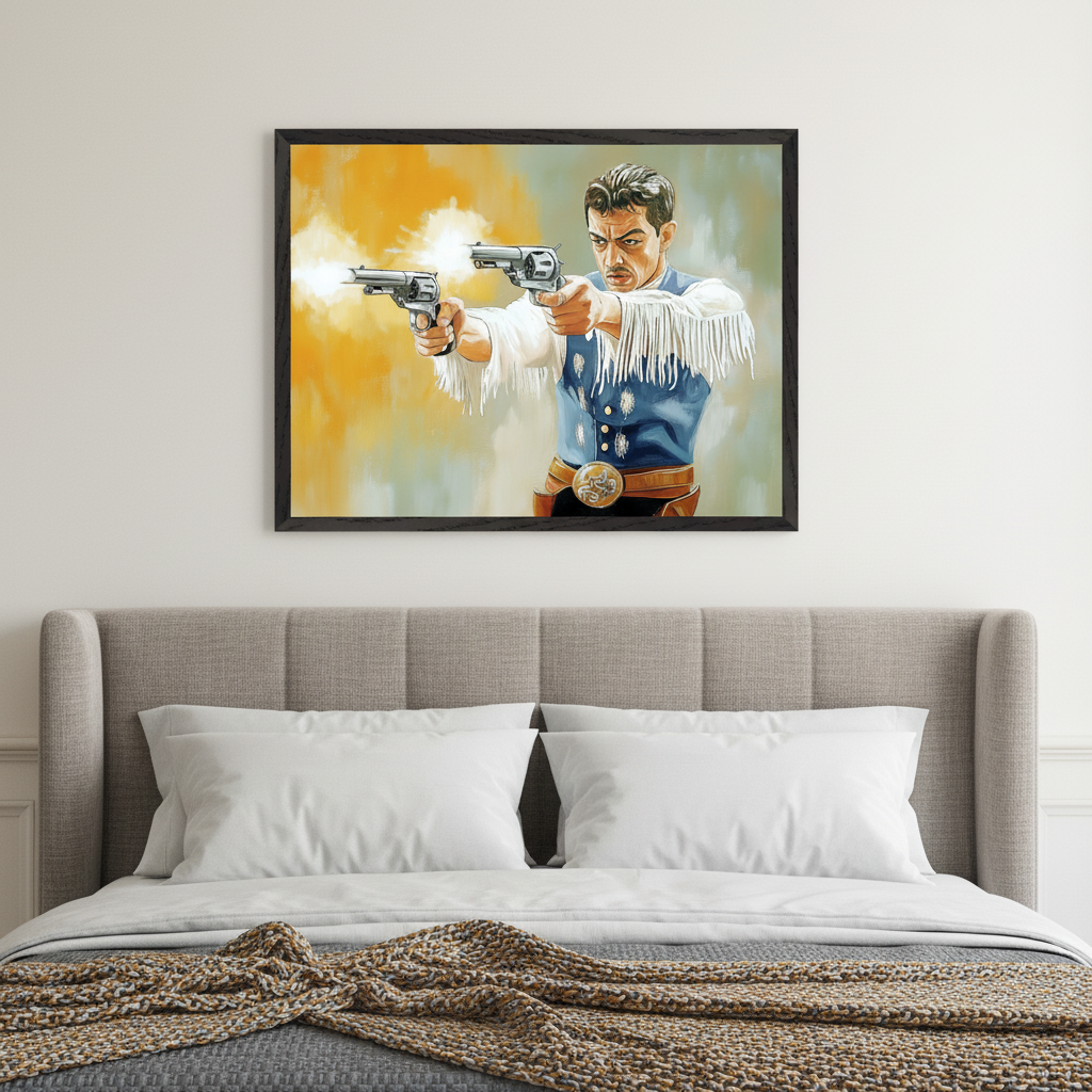 Modern bedroom with a grey upholstered bed and white pillows. A framed painting of a cowboy with a mustache in a blue fringed vest, holding two revolvers (one firing), hangs centered above the bed. The art features a yellow-orange and grey background.