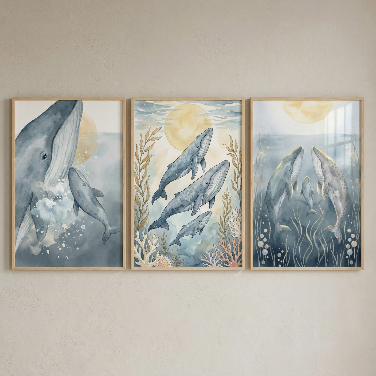 A triptych of three vertical, light-wood framed watercolor-style illustrations of whales displayed on a neutral wall. Each piece depicts adult and baby whales in a serene underwater setting. The left artwork shows a close-up of a large whale with its calf. The center artwork features three whales swimming upward among coral and seaweed under a soft, glowing sun. The right piece shows two adult whales facing each other with a small calf between them, surrounded by sea grass and bubbles.