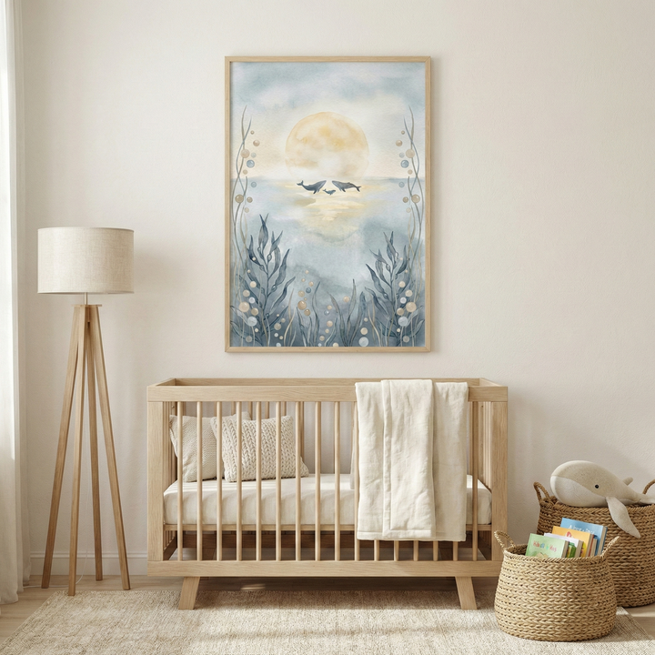 A neutral-toned nursery features a light wood crib with soft bedding and a white blanket. Above the crib, a large framed artwork depicts a watercolor-style scene of whale silhouettes swimming under a soft yellow sun, surrounded by blue and gray aquatic foliage. To the left, a tall wooden tripod floor lamp with a beige shade stands against a light wall. To the right, two woven storage baskets rest on a textured rug, one holding books and the other with a soft plush whale toy on top.