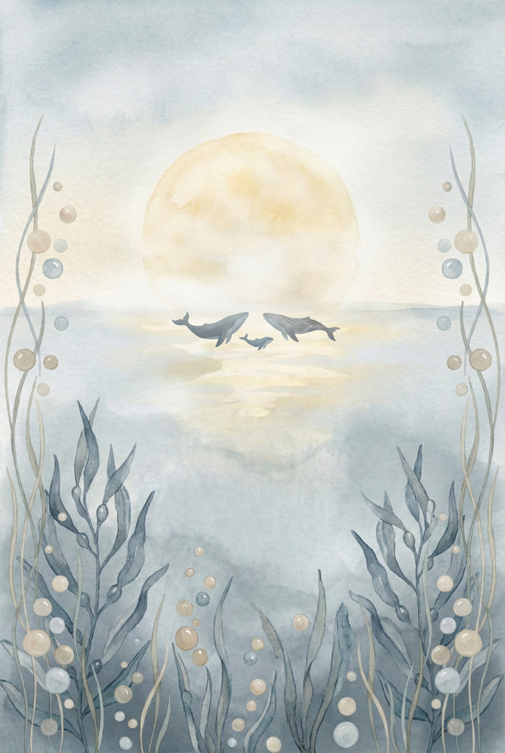 Watercolor scene of three whales—two adults and a calf—gliding through seaweed and bubbles under a glowing golden sun in a tranquil ocean.

