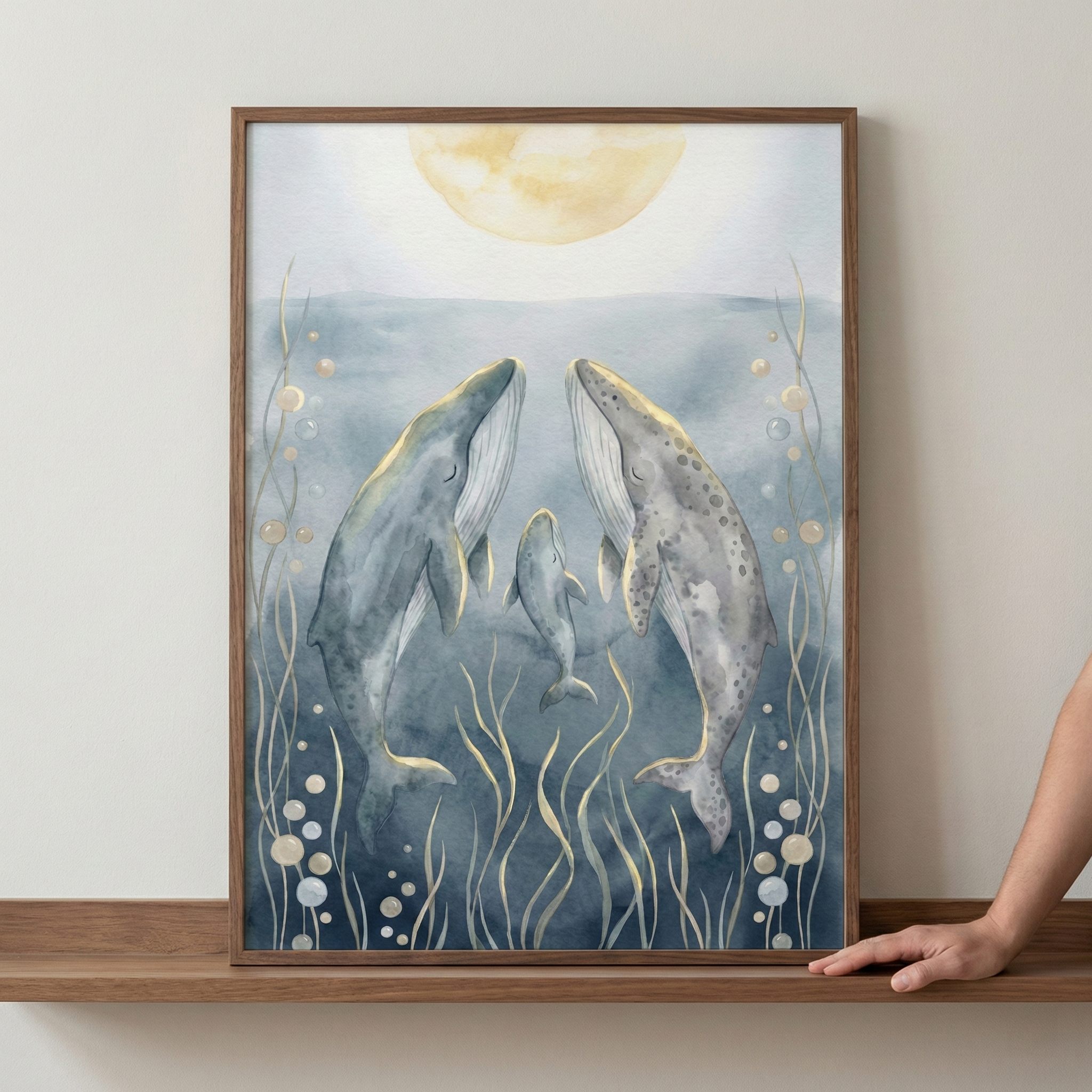 A framed piece of art features a whale family underwater. Two large whales face each other with a smaller calf between them, all swimming upwards. The style uses soft watercolor tones in blue and gray with delicate golden accents. A large, pale yellow sun or moon glows at the top. Golden seagrass and bubbles decorate the deep blue sea below. The artwork is in a wooden frame resting on a shelf, with a person's hand visible on the right.