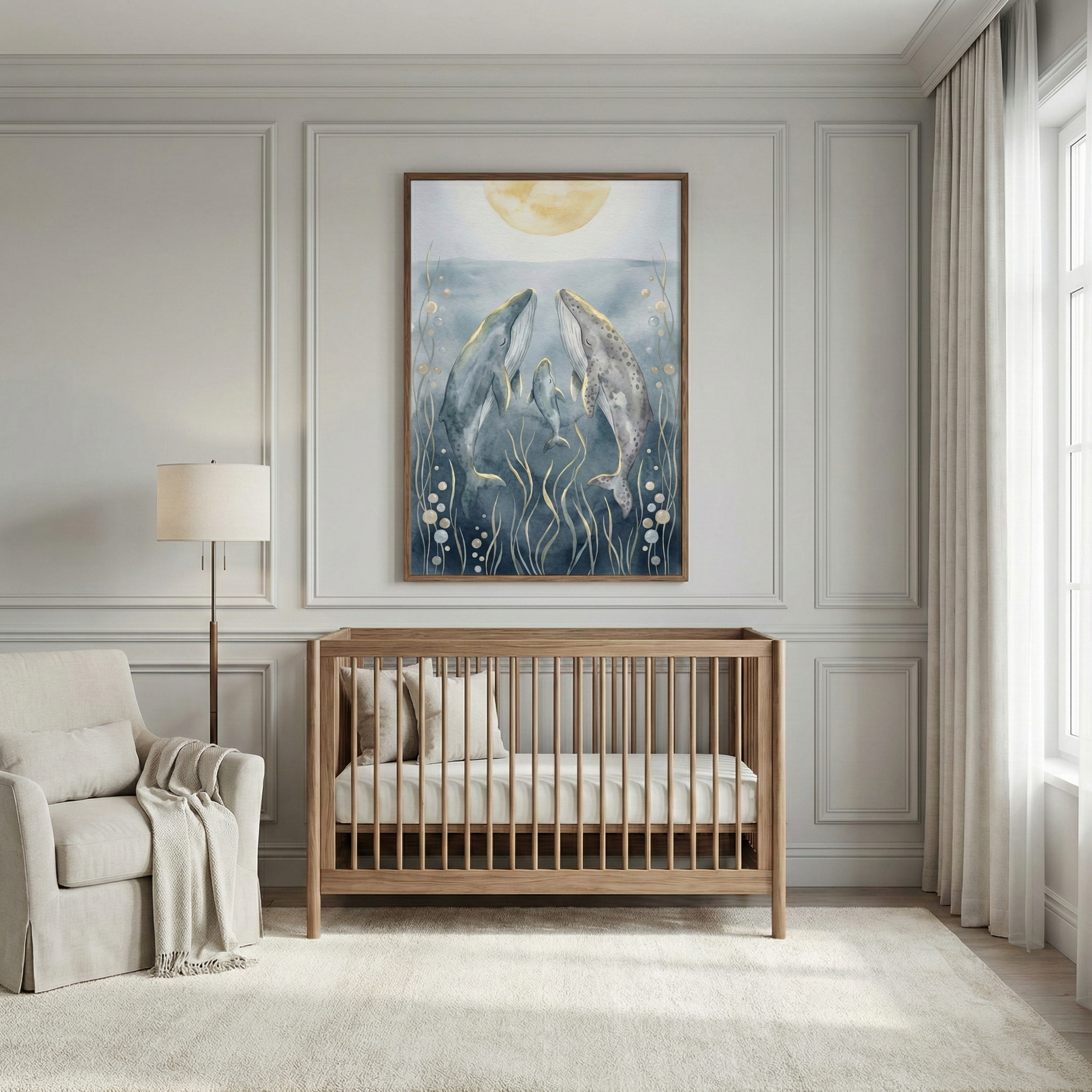 A serene and neutrally-toned nursery features a natural wood crib as its centerpiece. Above the crib, a large framed artwork depicts a tranquil underwater scene with two large whales and a small calf swimming together under a soft, golden moon, surrounded by delicate seaweed and bubbles. To the left, a plush, light-colored armchair with a draped throw blanket sits beside a minimalist floor lamp. To the right, a large window allows soft light to filter through translucent white curtains. 
