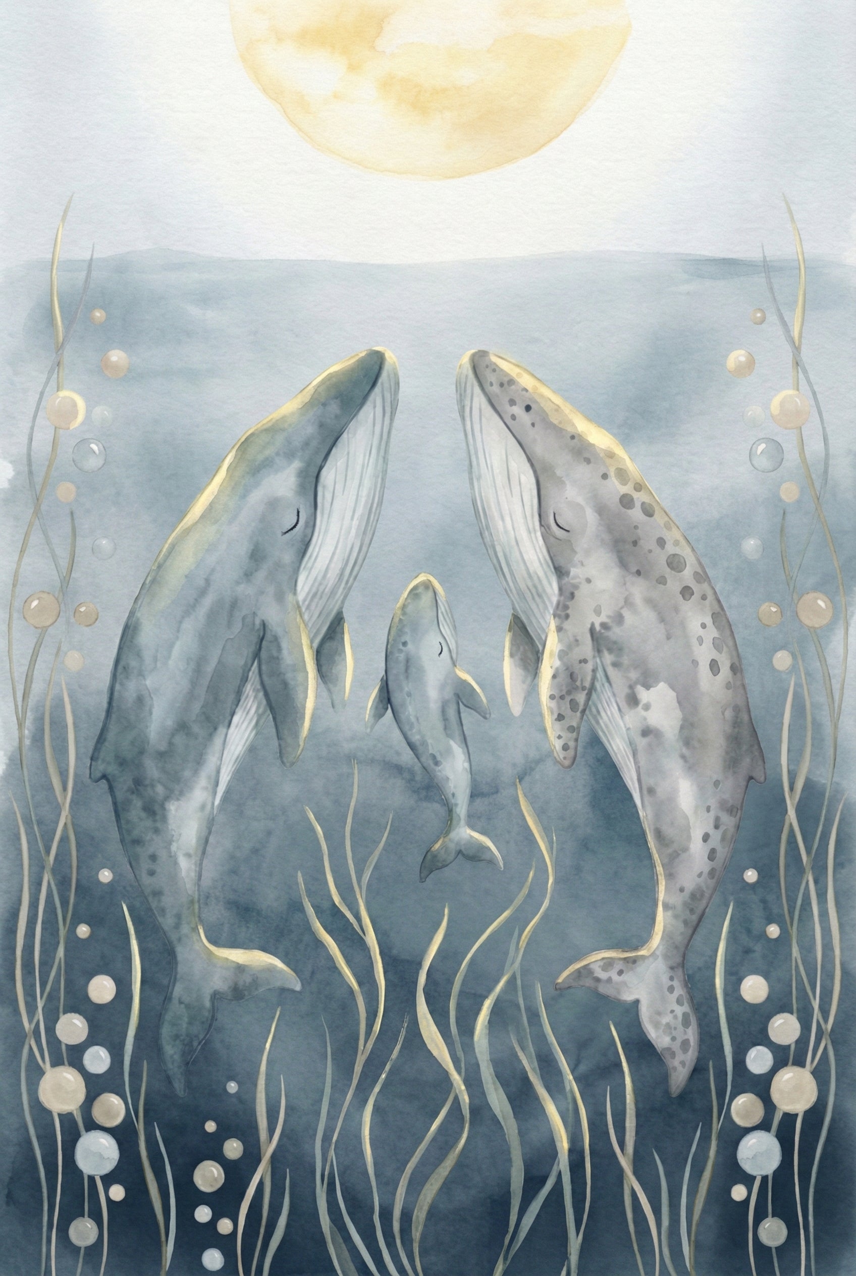 Dreamy underwater illustration of three whales ascending toward the surface among tall sea plants and bubbles, with golden light filtering through from above.

