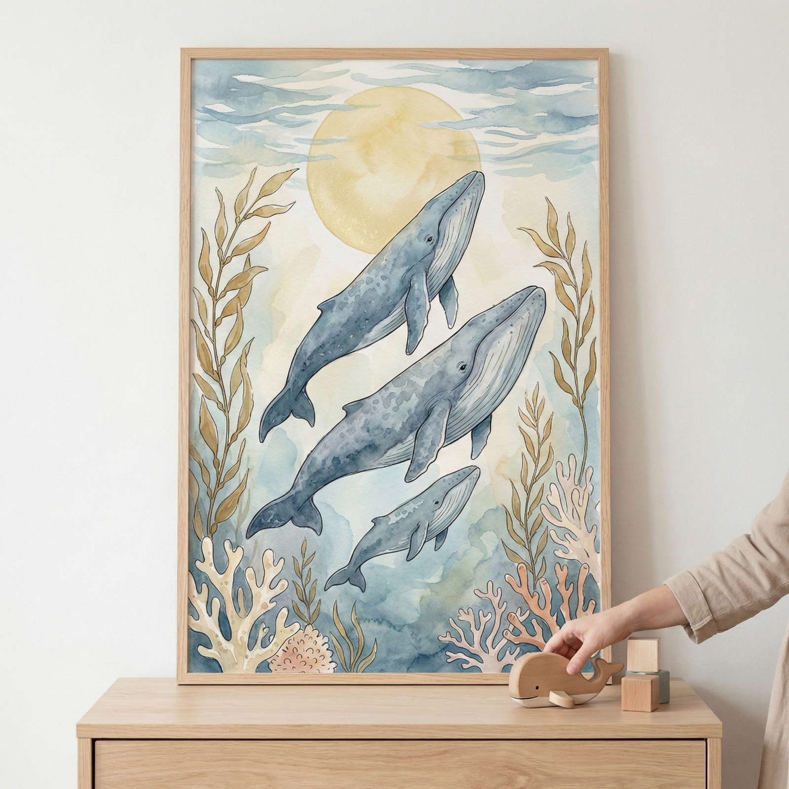A vertically oriented framed watercolor-style artwork features three blue whales swimming in a serene underwater scene. The whales, varying in size, are surrounded by long strands of golden-brown kelp and delicate clusters of pale coral. Above them, a large, soft yellow sun-like glow filters through light blue water and wavy lines. The artwork is presented in a light wood frame and sits on a matching wooden dresser. 