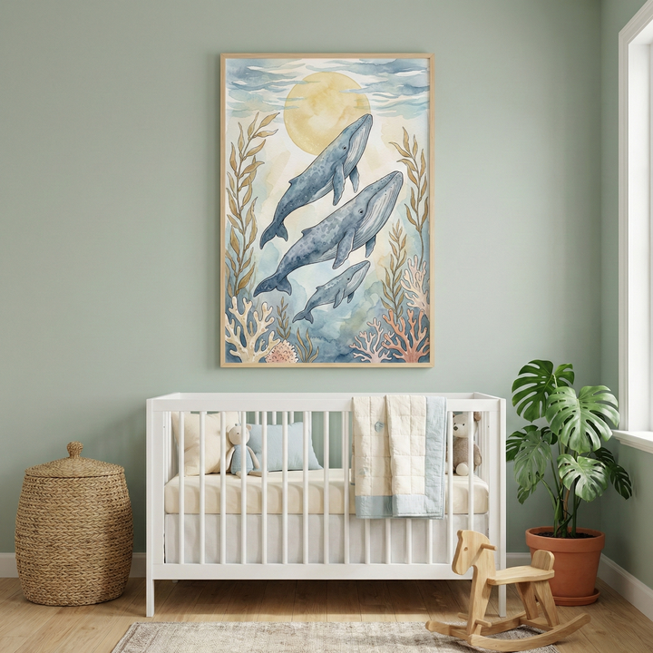 A cozy nursery features a framed watercolor illustration of three blue whales swimming in an underwater scene with seaweed and coral under a bright sun. The artwork is centered above a white wooden crib. Inside the crib are a pillow, a soft blue cushion, a small stuffed bear, and a light-colored quilt with a blue trim. 