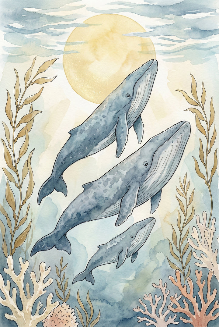 A watercolor scene of three blue whales swimming upward through seaweed-filled waters beneath a glowing sun. Coral and kelp frame the ocean landscape.
