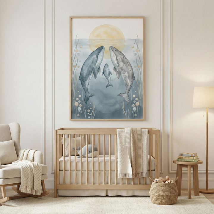 A serene nursery room in neutral tones, featuring a light wood crib centered against a wall with elegant molding. Above the crib hangs a large framed illustration of three whales swimming underwater beneath a large, soft yellow orb. A plush whale toy and a neutral pillow sit inside the crib, which also has a textured knit blanket draped over its side. To the left is a cream-colored rocking chair with a matching knit throw. 