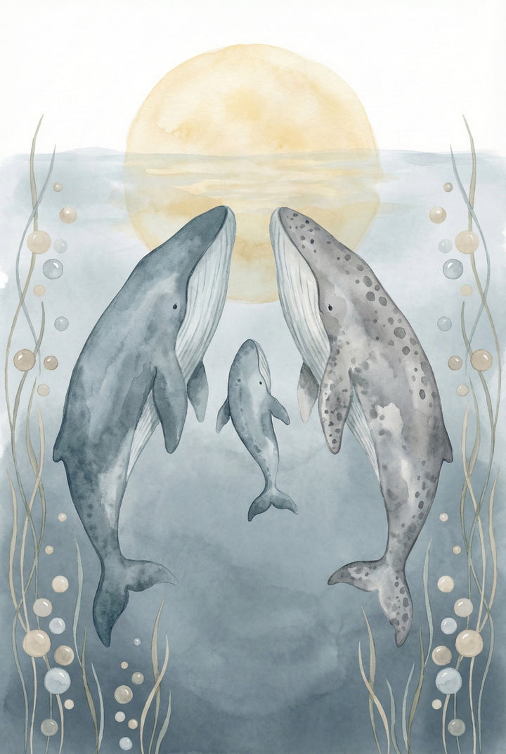 Two adult whales and a baby swim upright toward the surface where a golden sun glows. Delicate air bubbles and sea grass float around them.

