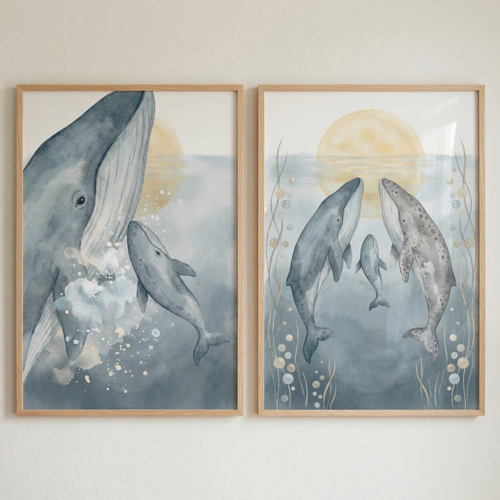 Two vertical art prints with light wood frames are displayed side-by-side on a plain wall. Both illustrations feature a watercolor style with a soft color palette of blues, greys, and muted yellow.

The print on the left depicts a large blue whale and a smaller whale calf swimming together in a misty ocean. Splashes of white and pale blue water surround them, and a soft yellow sun glows in the background. 

