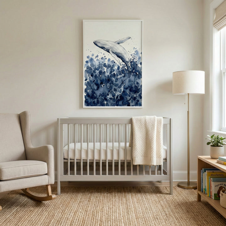 Whale watercolor artwork hanging above a gray crib in a softly lit nursery, with the whale emerging from expressive blue splashes representing the ocean. The peaceful ocean scene complements the warm, neutral-toned decor.