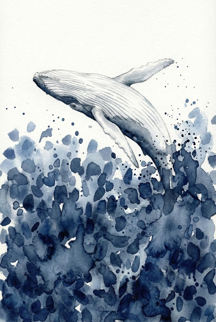 A watercolor painting of a whale breaching from a sea of dark blue and indigo splashes, its body arcing gracefully through the air. The fluid brushwork and soft gradients evoke movement and the vastness of the ocean.
