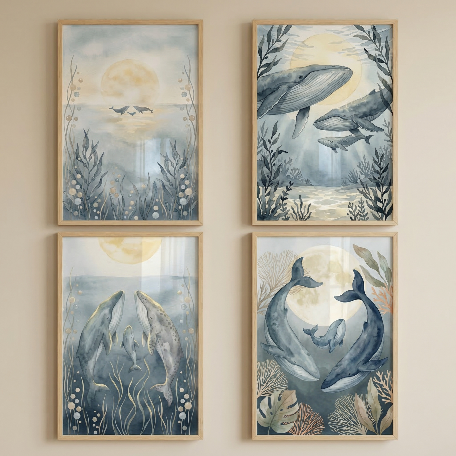 Four framed watercolor-style illustrations are arranged in a square grid on a light-colored wall. Each artwork depicts an ethereal underwater scene featuring whales in shades of blue and gray. The illustrations include elements like seaweed, coral, bubbles, and a large, glowing pale yellow moon or sun. The whales are shown in various configurations, including pairs and groups with smaller calves. Each piece is set in a light wood frame, creating a serene and cohesive set of wall art.