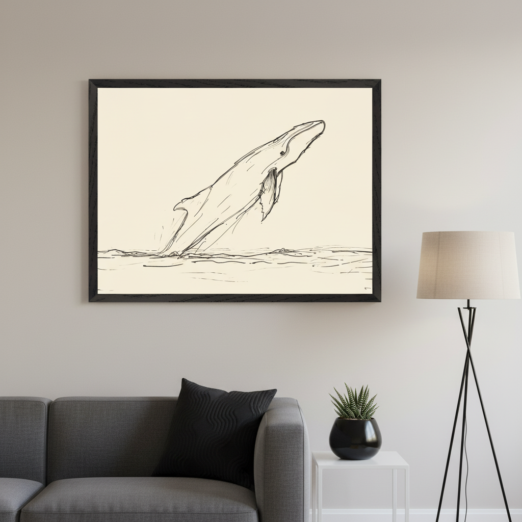 Modern living room with a gray sofa. A large framed art of a whale breaching from the ocean hangs centered above the sofa. A black floor lamp and a white side table with a succulent are to the right.