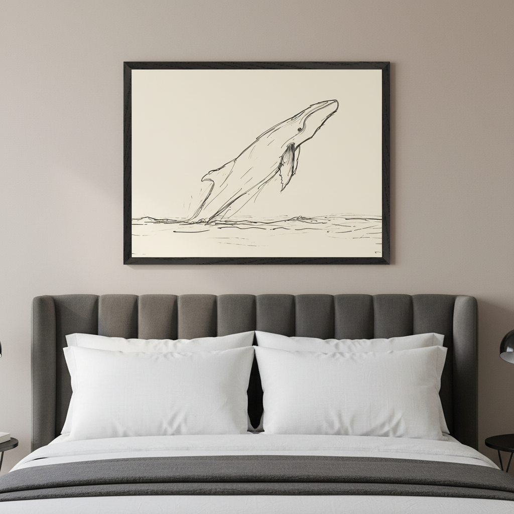 Modern bedroom with a dark gray upholstered bed. A large framed black and white sketch of a breaching whale hangs centered above the bed.