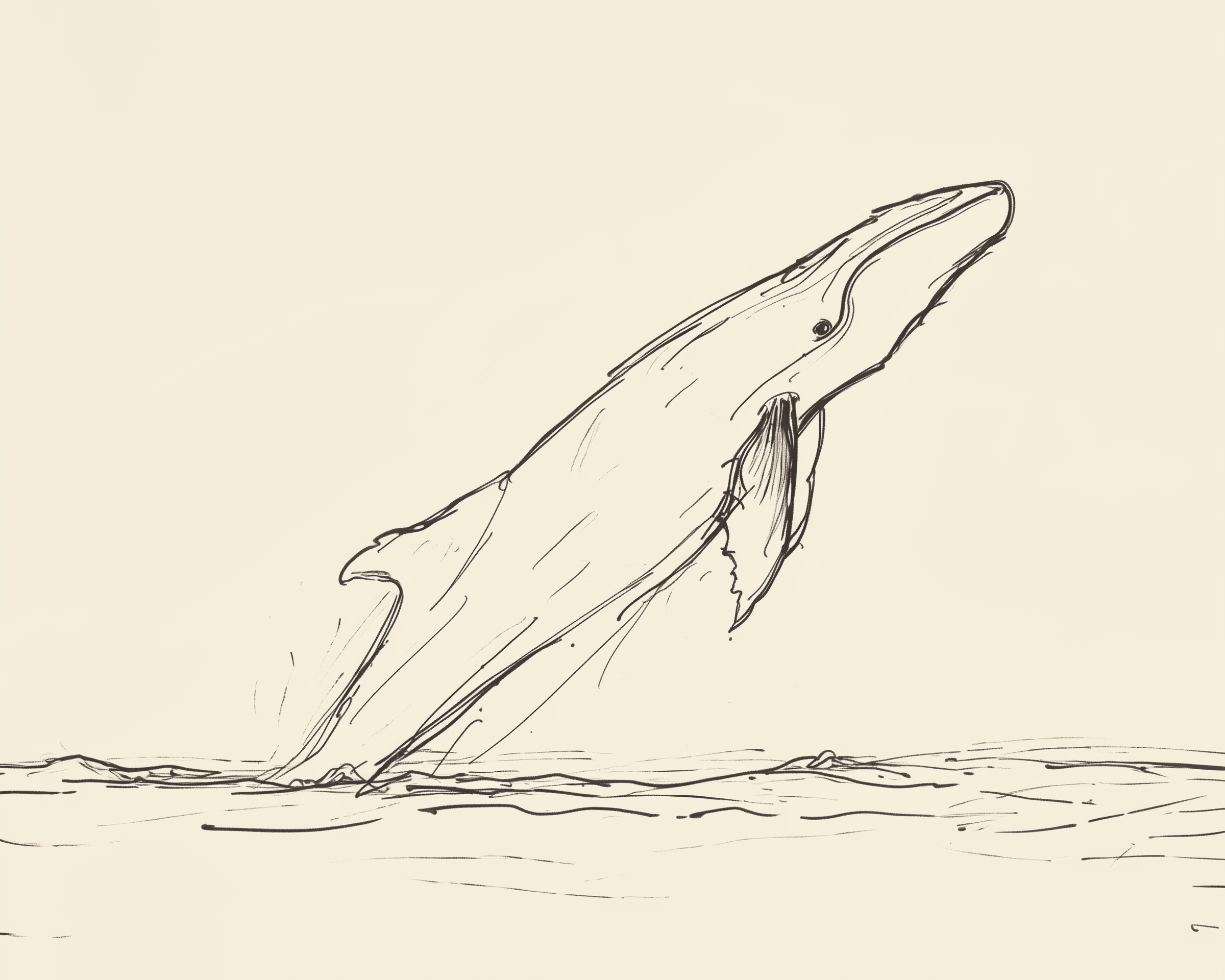 Minimalist line drawing of a large whale breaching the ocean’s surface, its body arched mid-leap above the waves.