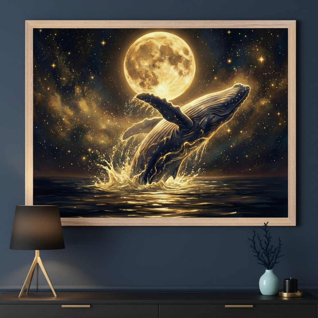 Modern room with dark blue walls and a black console table. A large framed print of a whale leaping from golden water under a full moon and starry sky hangs centered above the console table. A black lamp and decorative vase are on the table.