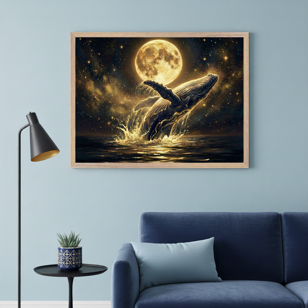 Modern living room with a blue velvet sofa, black side table, and floor lamp. Centered above the sofa, a framed artwork depicts a whale breaching under a large golden full moon and starry sky, with luminous golden water splashes, in an illustrative style.