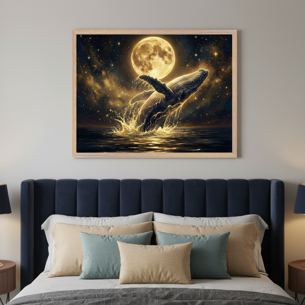 Modern bedroom with a dark blue upholstered bed. Centered above the bed, a framed fantastical artwork shows a whale breaching golden water under a full moon and stars.