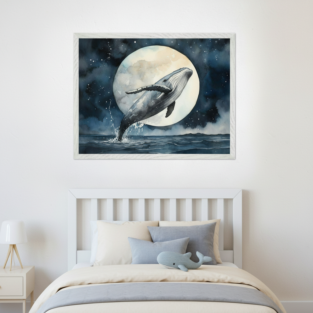Kid's bedroom with a white bed, headboard, and whale plushie. A large framed watercolor painting depicting a whale breaching from the ocean under a full moon hangs above the bed. A white nightstand and lamp are on the left.
