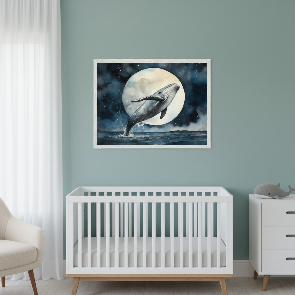 Modern nursery with a white crib, cream armchair, and white dresser. A framed watercolor print of a whale breaching against a full moon at night hangs above the crib.