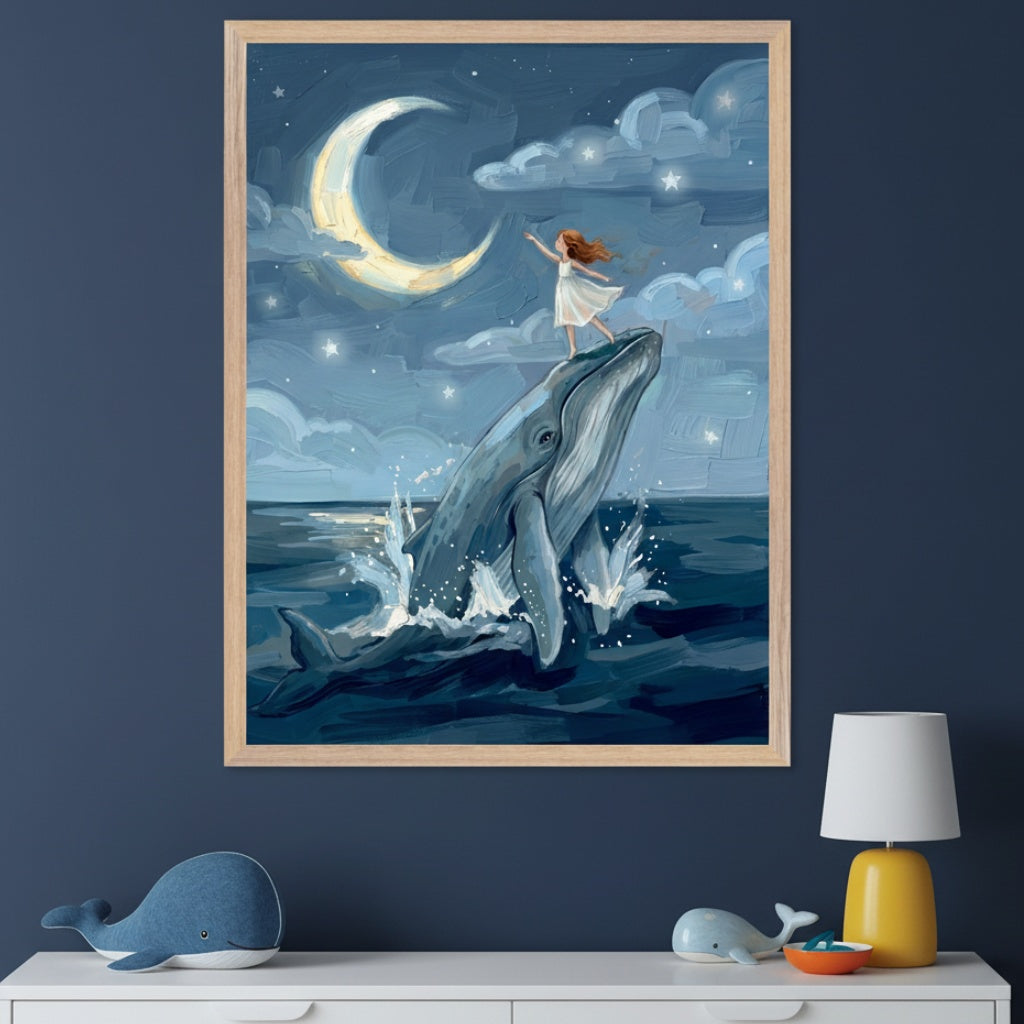 Kid's room with a white dresser against a dark blue wall. Centered above the dresser is a framed painting depicting a girl on a breaching whale under a crescent moon and stars, in a painterly style. A blue whale plushie and a yellow lamp are on the dresser.