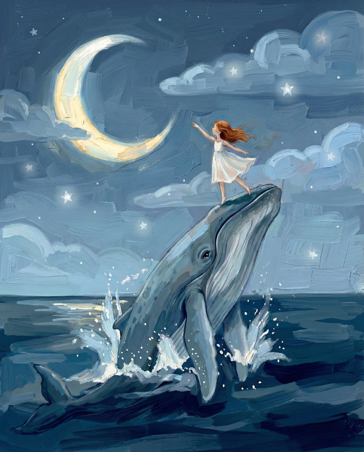 A dreamy painting of a young girl standing barefoot on the nose of a breaching whale, reaching toward a glowing crescent moon in a whimsical night sky filled with stars and soft clouds.
