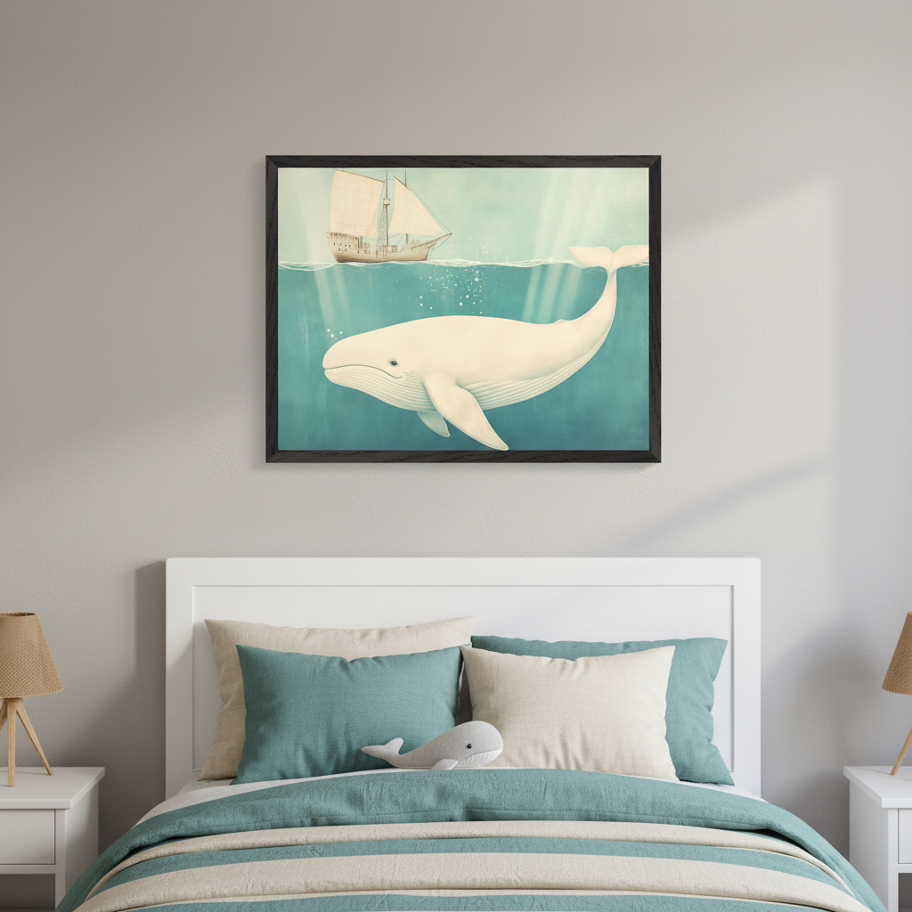 Modern kid's bedroom with a white bed and two nightstands. A large framed illustration of a white whale underwater with a sailboat on the surface hangs centered above the headboard. Bedding is teal and beige striped.
