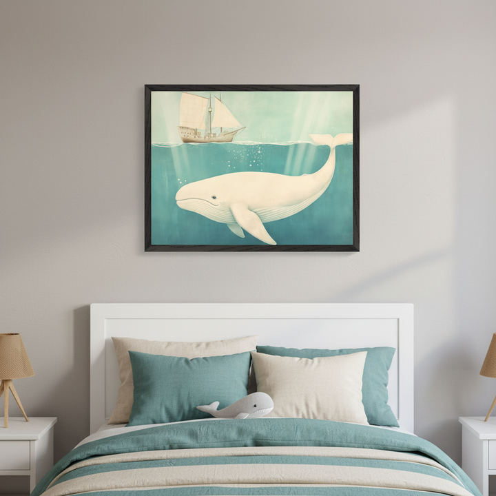 Modern kid's bedroom with a white bed and two nightstands. A large framed illustration of a white whale underwater with a sailboat on the surface hangs centered above the headboard. Bedding is teal and beige striped.