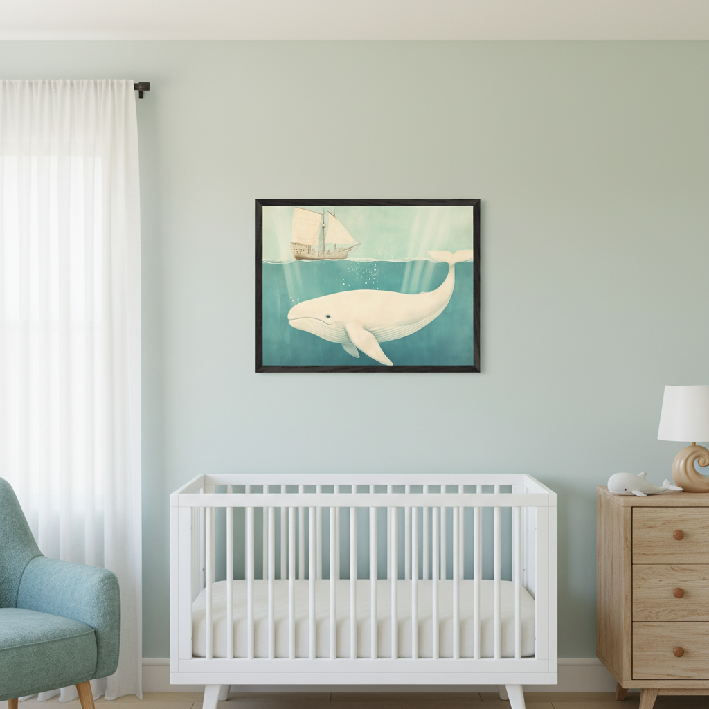 Modern nursery with a white crib, light blue armchair, and wooden dresser. A framed illustrative print of a white whale swimming under a sailing ship in the ocean hangs above the crib.