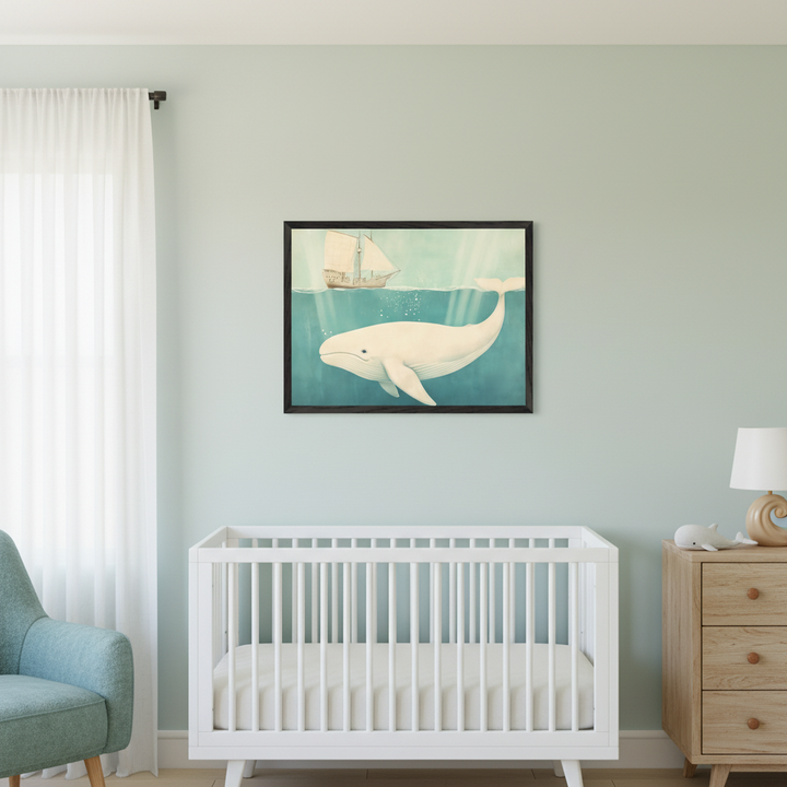 Modern nursery with a white crib, light blue armchair, and wooden dresser. A framed illustrative print of a white whale swimming under a sailing ship in the ocean hangs above the crib.