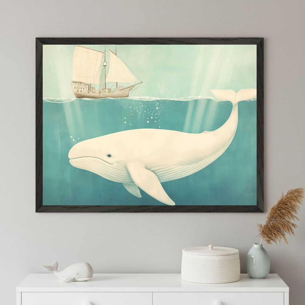 Modern kid's room with a white dresser. A large framed illustration of a white whale swimming underwater beneath a sailing ship hangs centered above the dresser. A small whale figurine, woven basket, and vase are on the dresser.