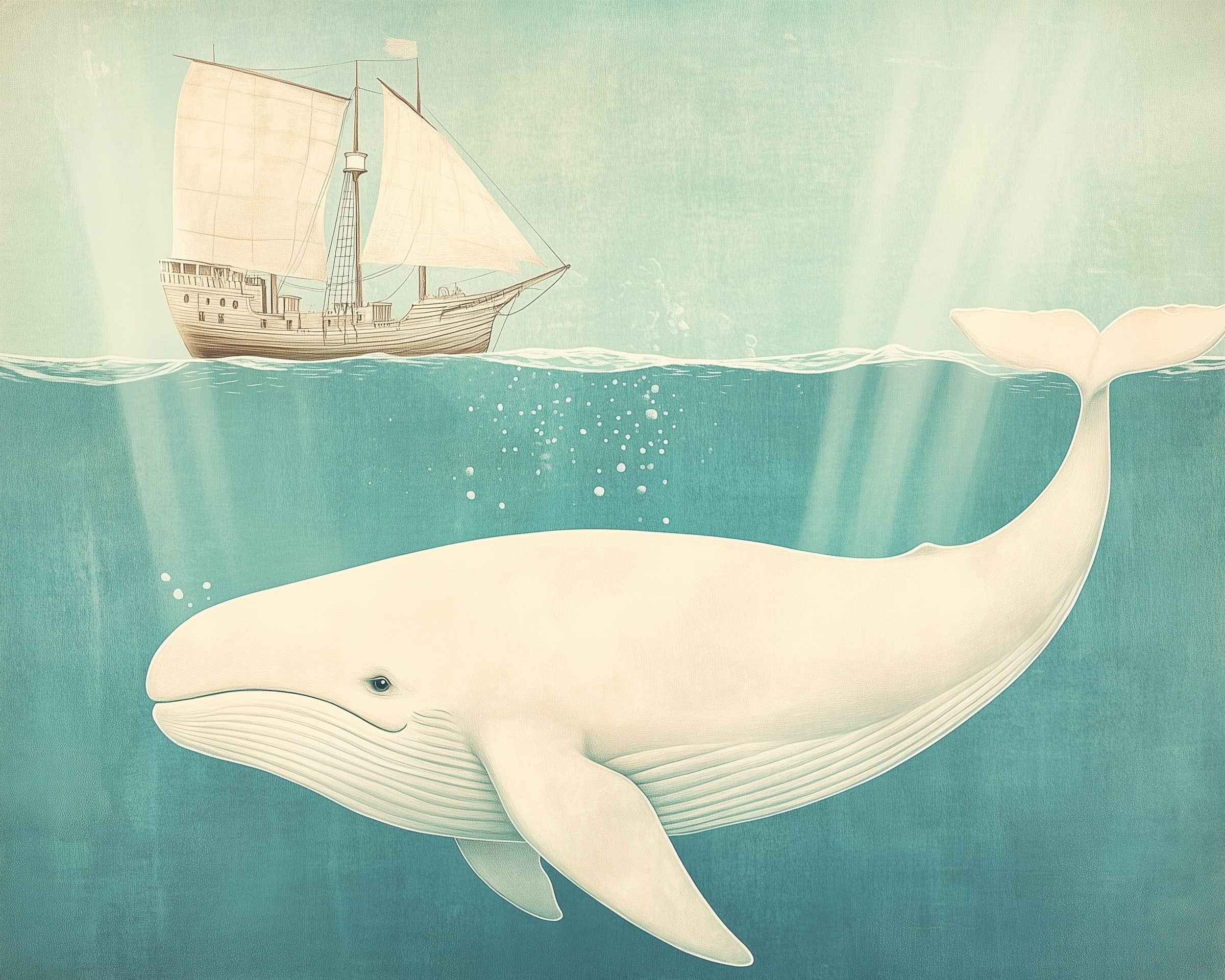 A large white whale swims gracefully underwater, while above the surface, a wooden sailing ship with full sails navigates the calm sea, with sunlight streaming through the water.
