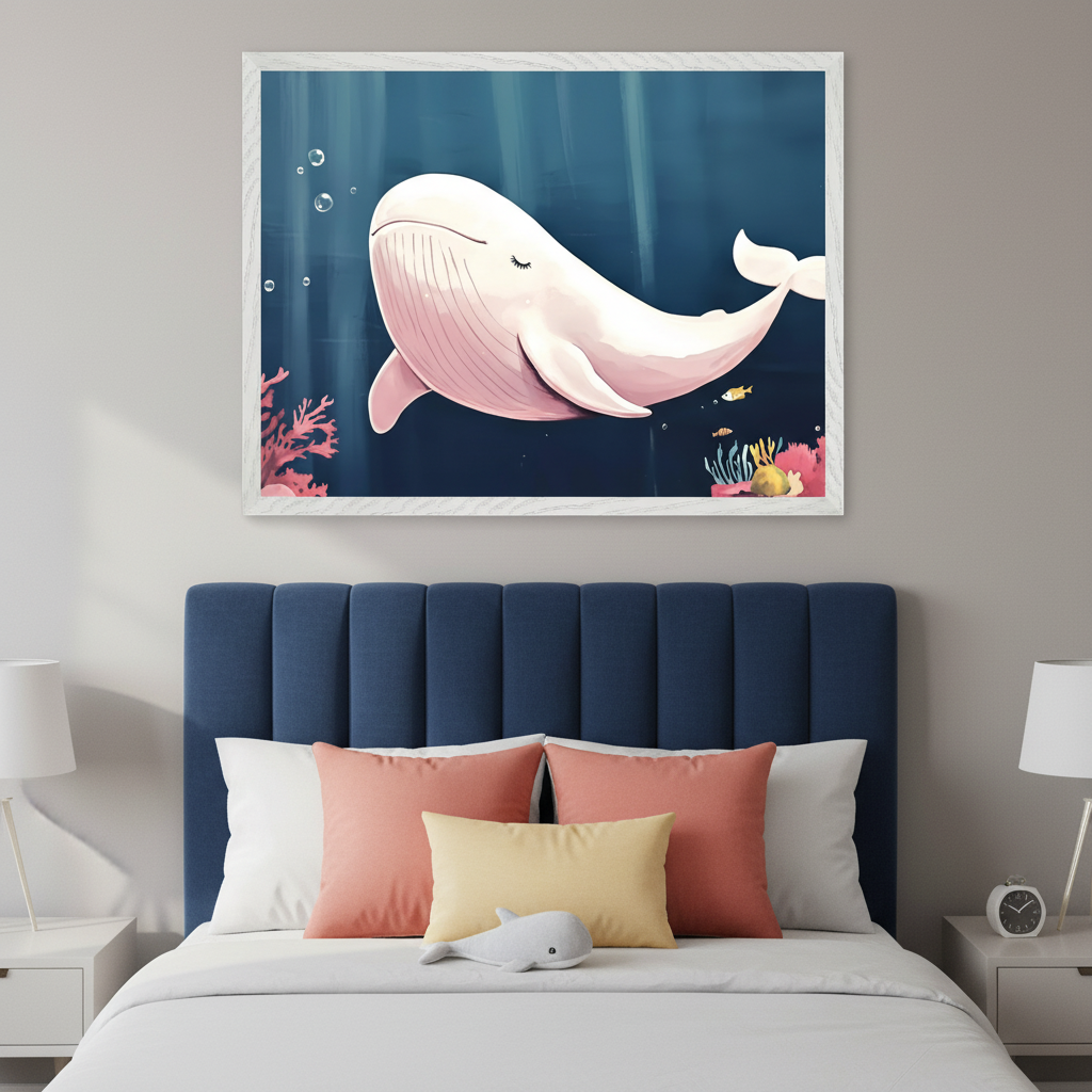 Kid's bedroom with a bed, blue headboard, white bedding, and coral and yellow pillows. A small gray whale plush toy is on the bed. A large framed print of a cartoon pink whale in an underwater scene with coral and fish hangs centered above the bed. White nightstands with lamps flank the bed.