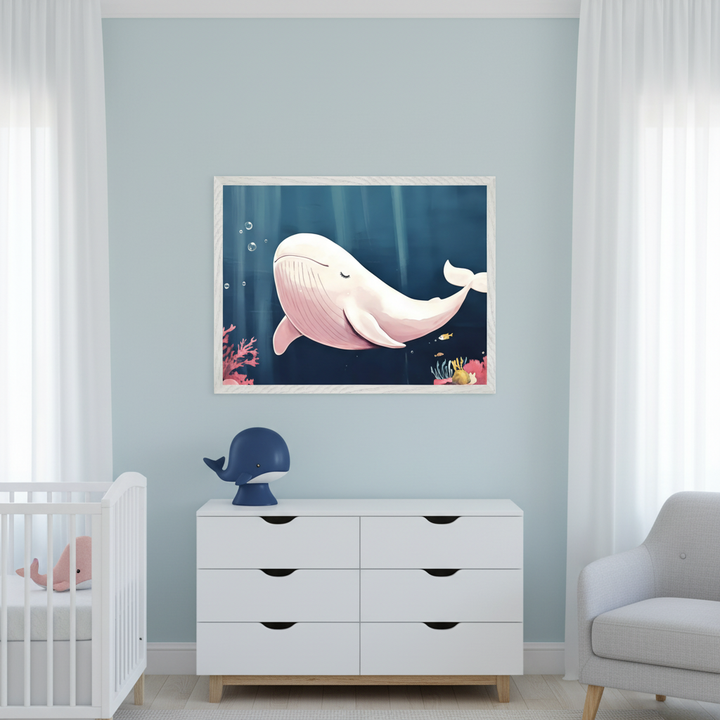 Modern nursery with a white crib, white dresser, and gray armchair. A large framed print of a sleeping light pink whale swimming in a dark blue ocean scene with coral and fish hangs above the dresser.