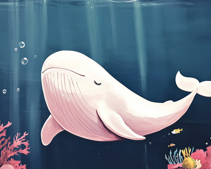 A whimsical illustration of a white whale swimming peacefully underwater, with closed eyes and gentle expression. Bubbles float around its head, and colorful coral and small fish add vibrant details to the ocean scene.