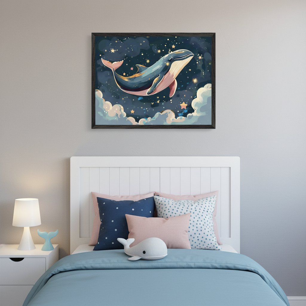 Kid's bedroom with a white headboard bed and blue bedding. A framed whimsical illustration of a whale swimming in a starry night sky with clouds hangs centered above the bed. A white whale plush toy is on the bed, and a lamp and whale tail decor are on the nightstand.