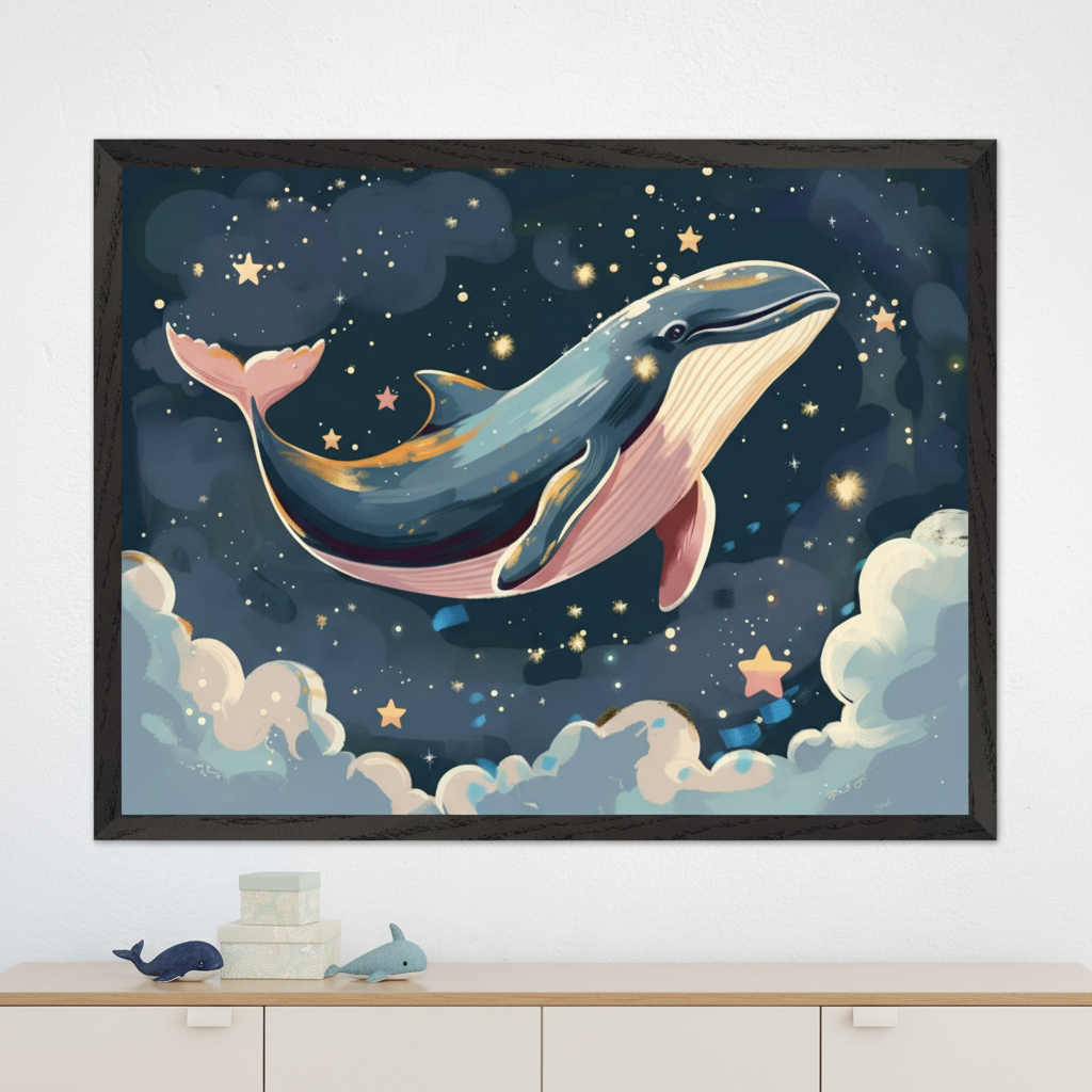 Framed nursery wall art showing a dreamy illustration of a blue and pink whale swimming through a starry night sky, surrounded by fluffy clouds and glowing stars. The artwork hangs above a dresser with soft whale toys and pastel storage boxes, creating a peaceful, ocean-inspired theme.