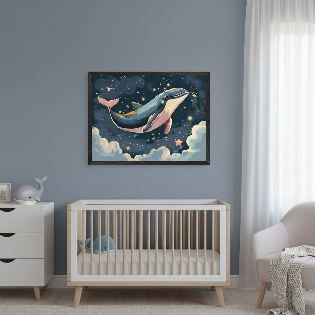 Modern nursery with a white and wood crib, a white dresser, and a light armchair. A large framed print of a stylized blue and pink whale swimming in a starry night sky with clouds hangs on the gray-blue wall above the crib.