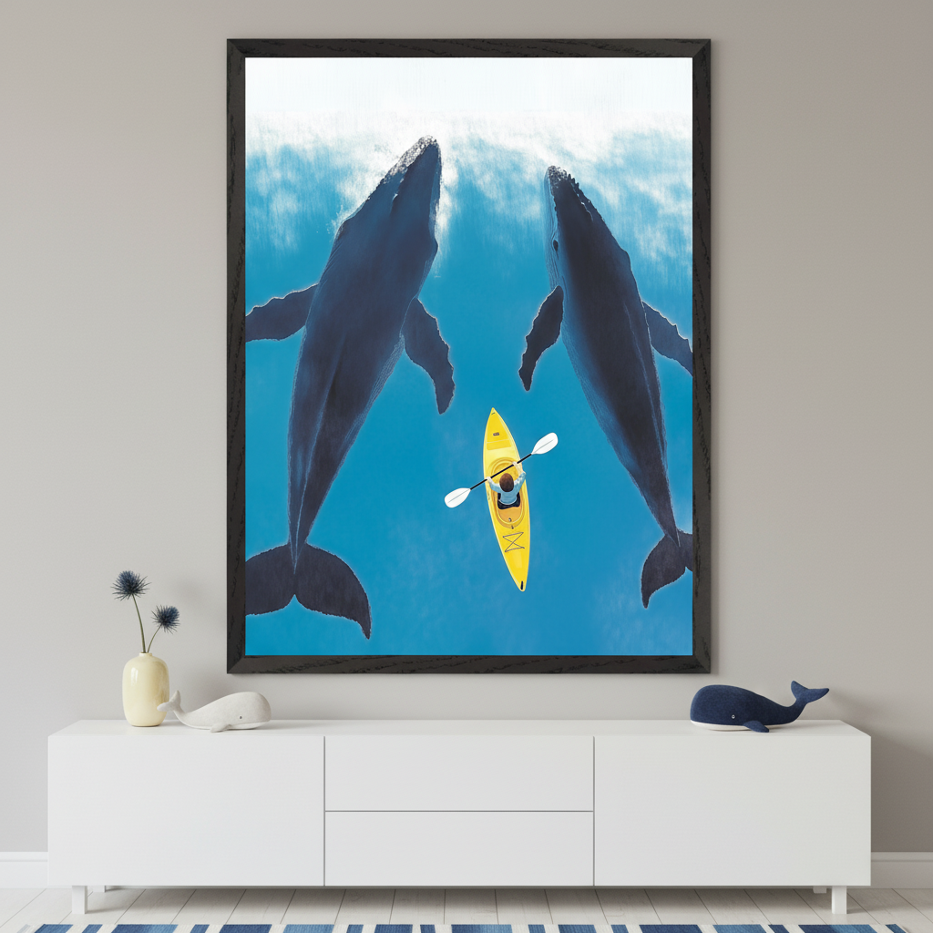 Modern room with a white console table. A large black-framed print of a person in a yellow kayak between two whales in blue ocean, viewed from above, hangs centered over the console. Whale figurines and a vase are on the console.